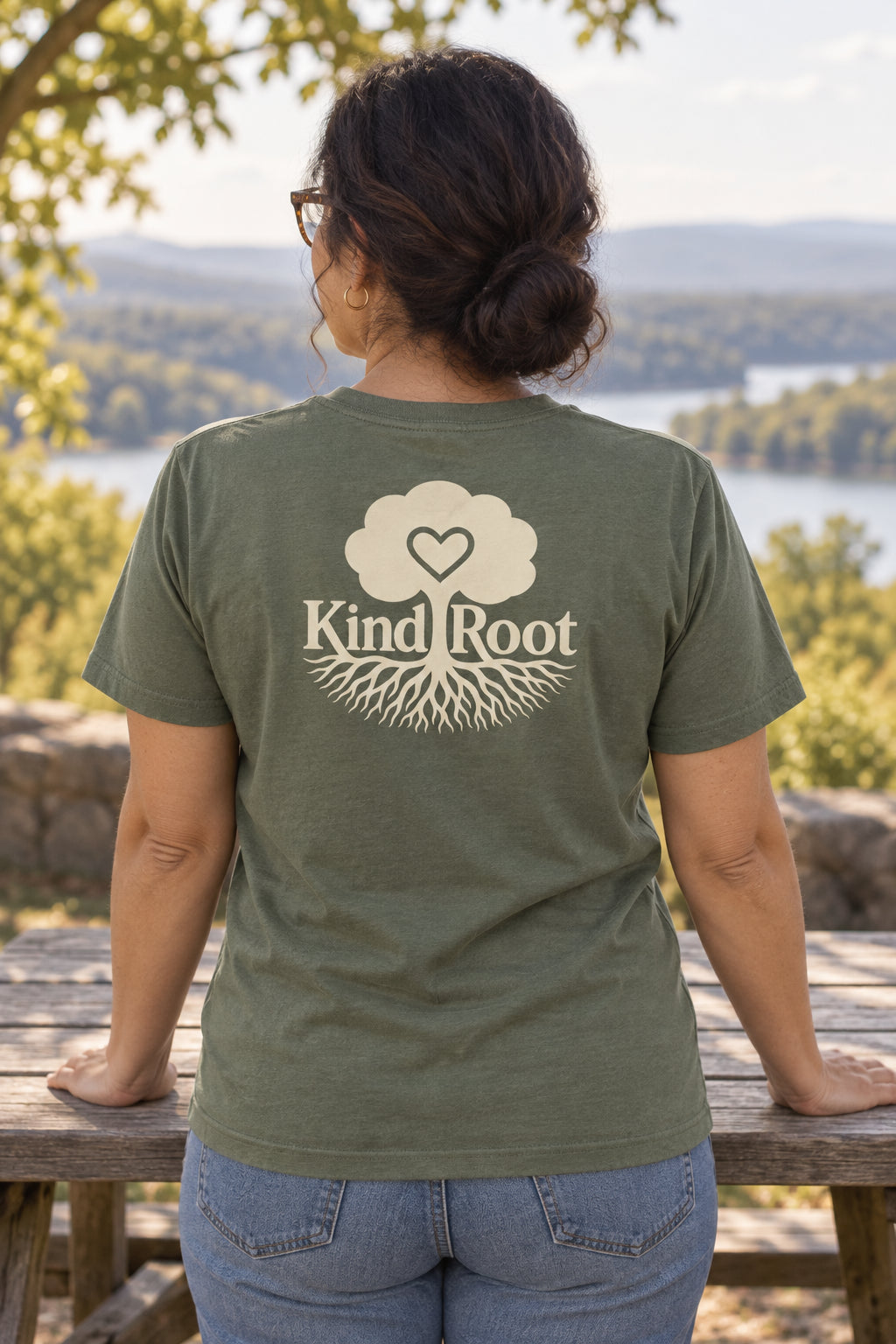 KindRoot logo on the back of the Moss unisex organic cotton tee