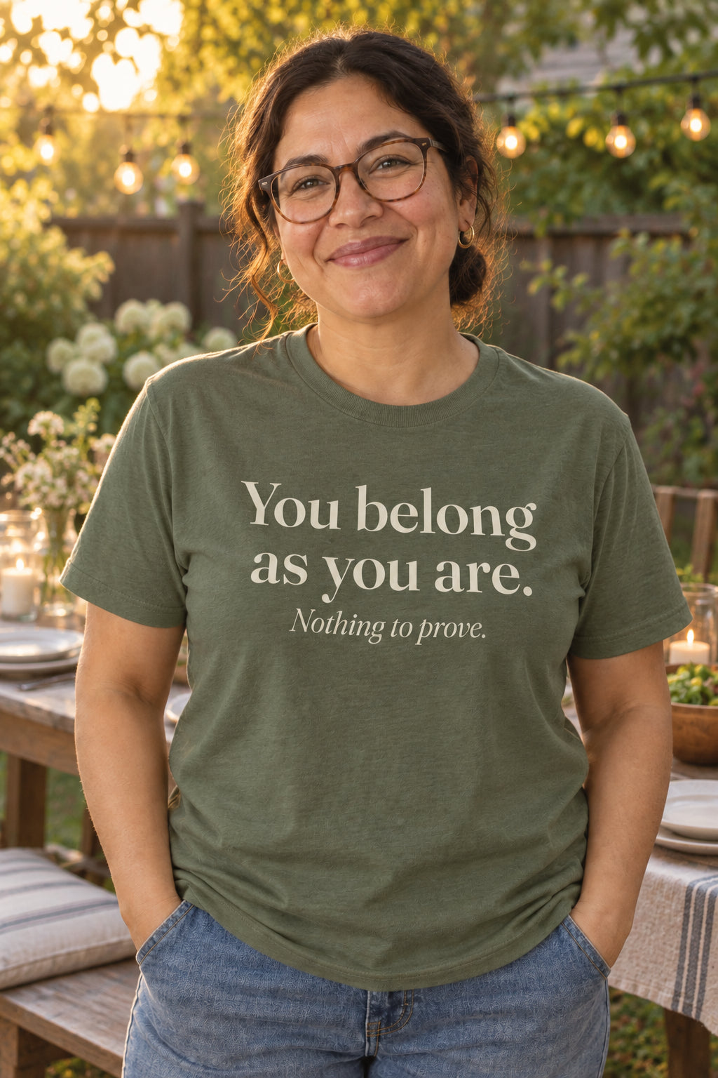 You belong as you are. unisex organic cotton tee in Moss, front
