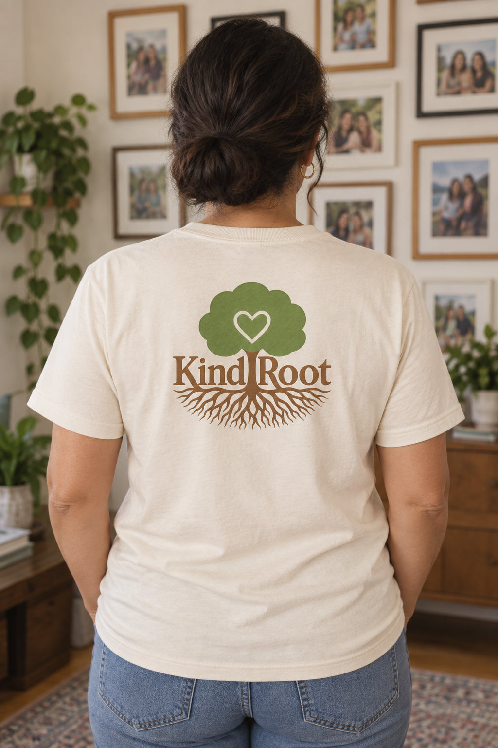 KindRoot logo on the back of the Natural unisex organic cotton tee