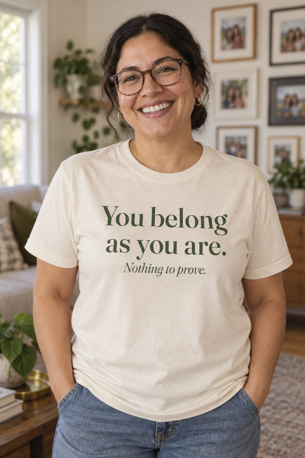 You belong as you are. unisex organic cotton tee in Natural, front