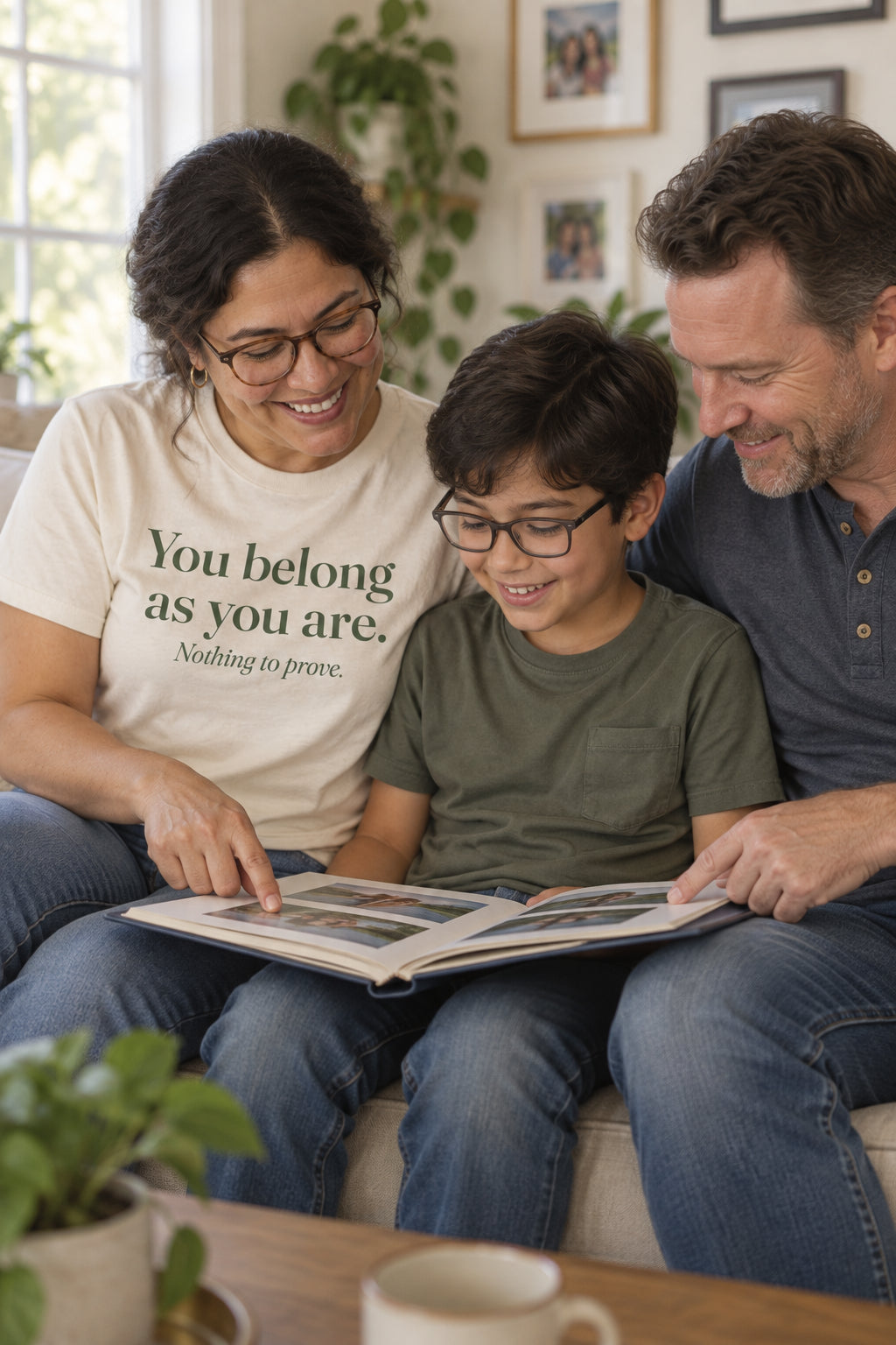 Parent wearing the You belong as you are. adult tee in Natural