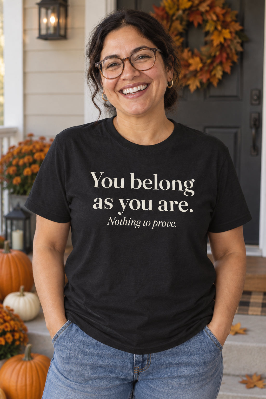 You belong as you are. unisex organic cotton tee in Night, front