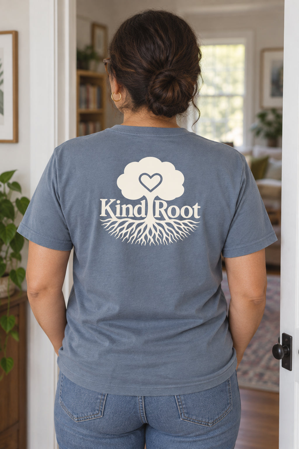 KindRoot logo on the back of the Slate unisex organic cotton tee