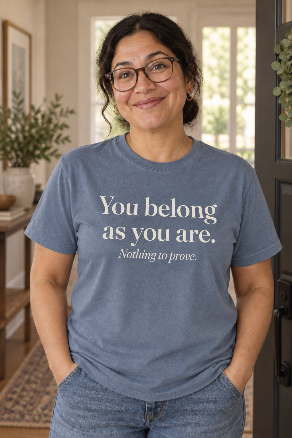 You belong as you are. unisex organic cotton tee in Slate, front