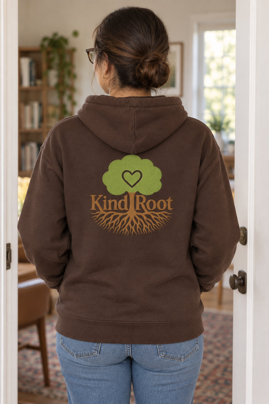 KindRoot logo on the back of the Bark unisex organic cotton hoodie