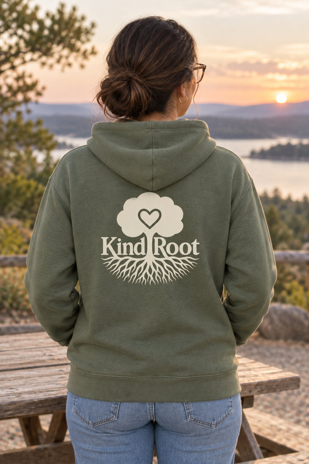 KindRoot logo on the back of the Moss unisex organic cotton hoodie