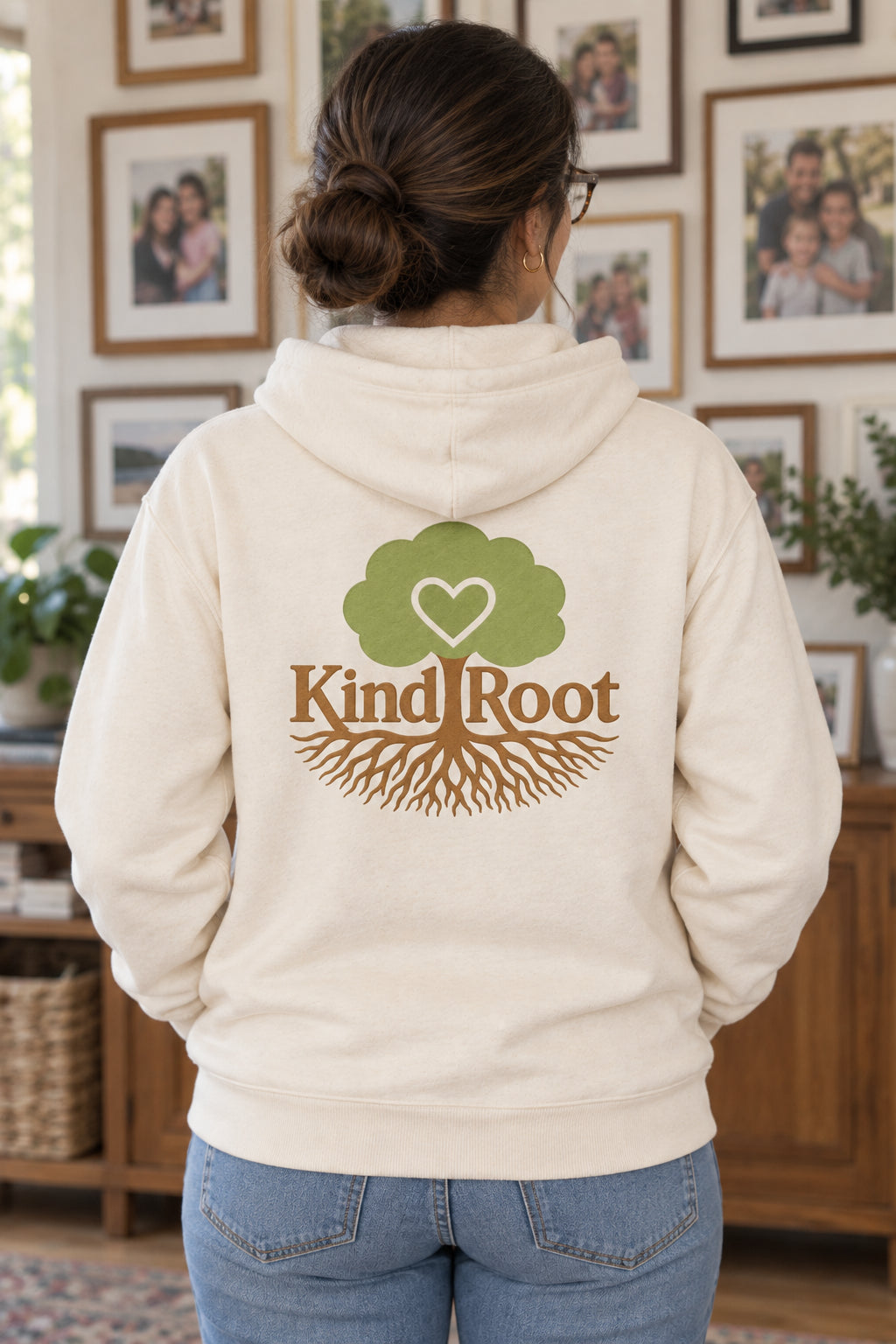 KindRoot logo on the back of the Natural unisex organic cotton hoodie