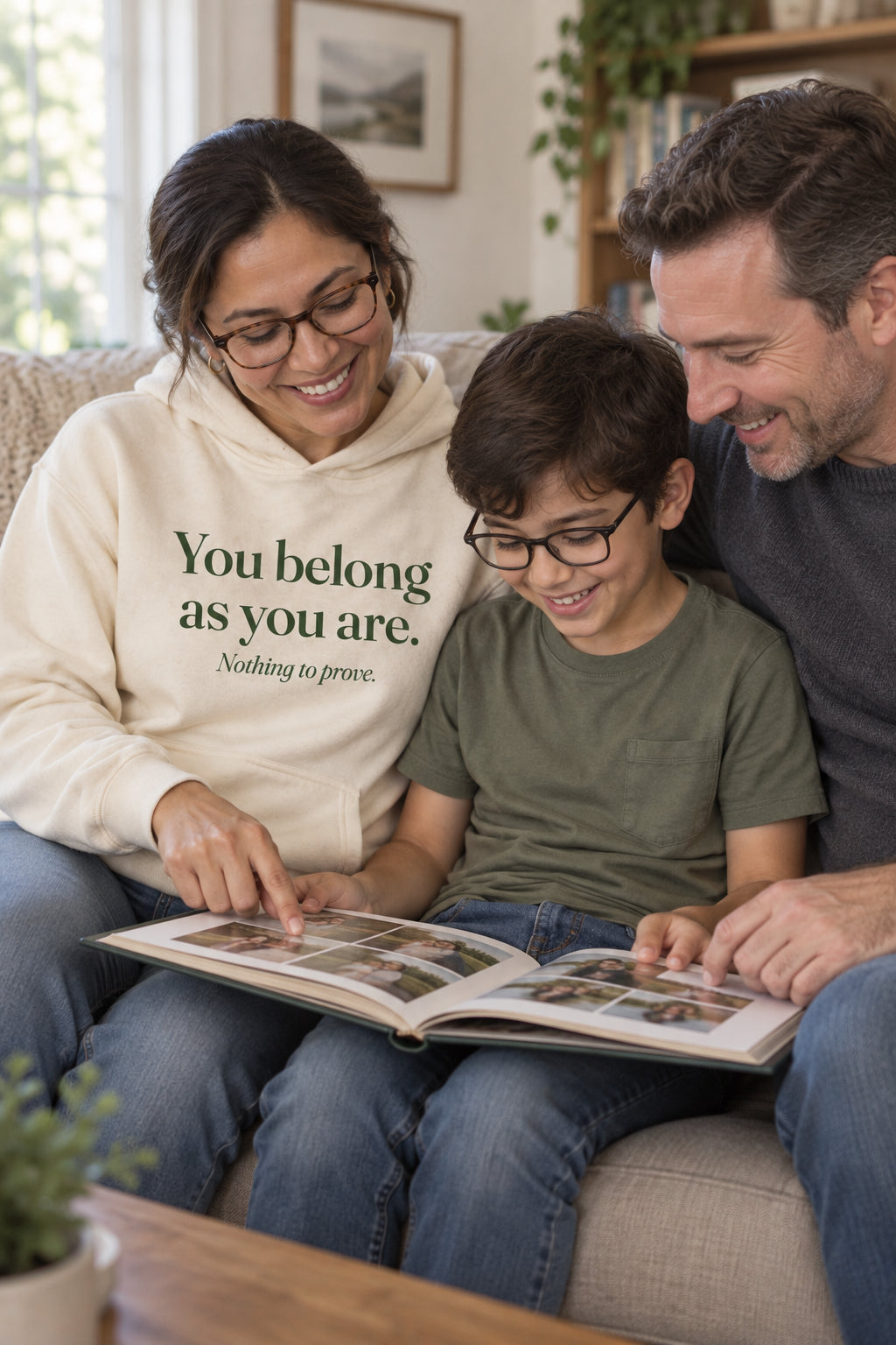 Parent wearing the You belong as you are. hoodie tee in Natural