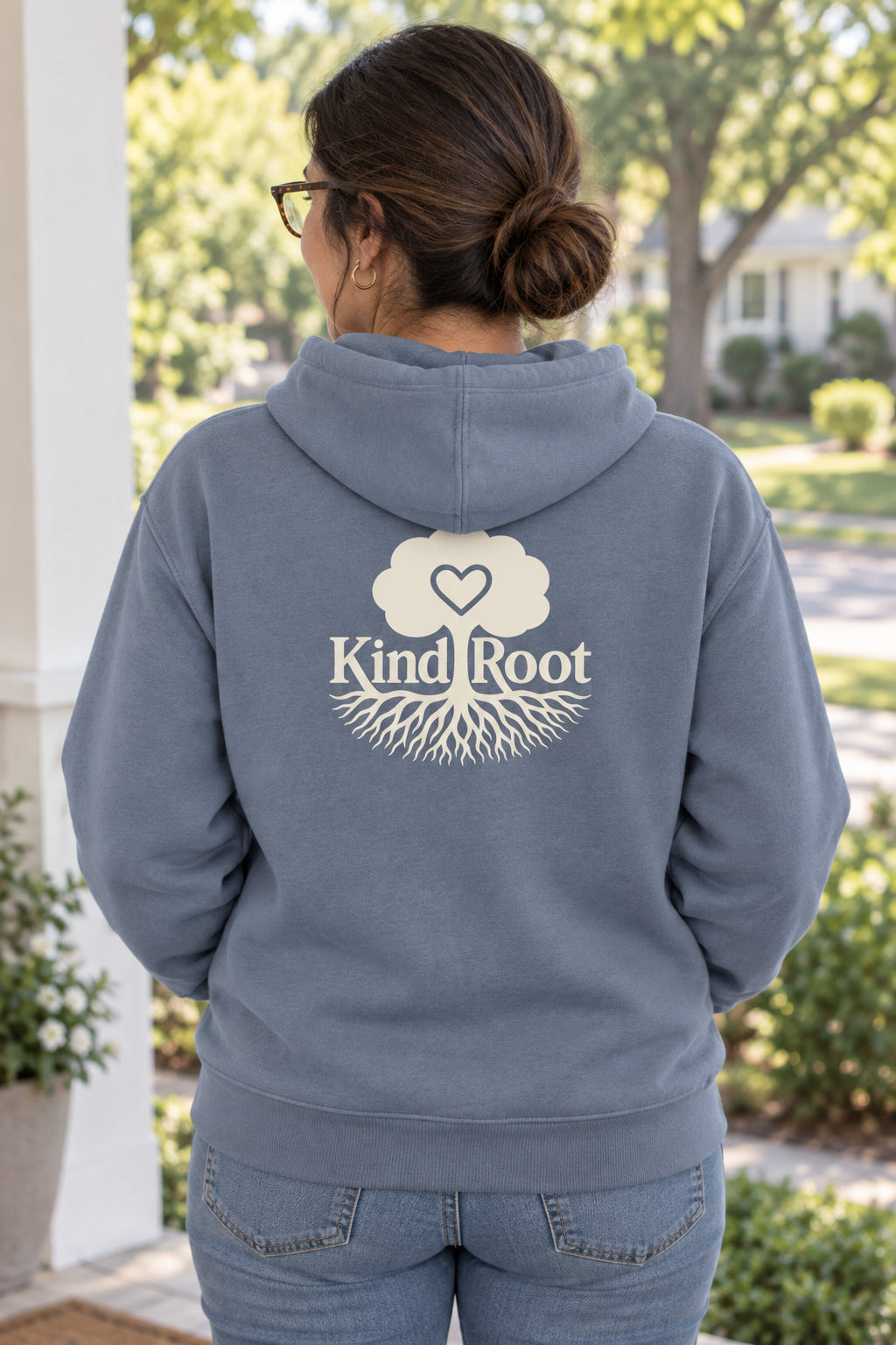 KindRoot logo on the back of the Slate unisex organic cotton hoodie