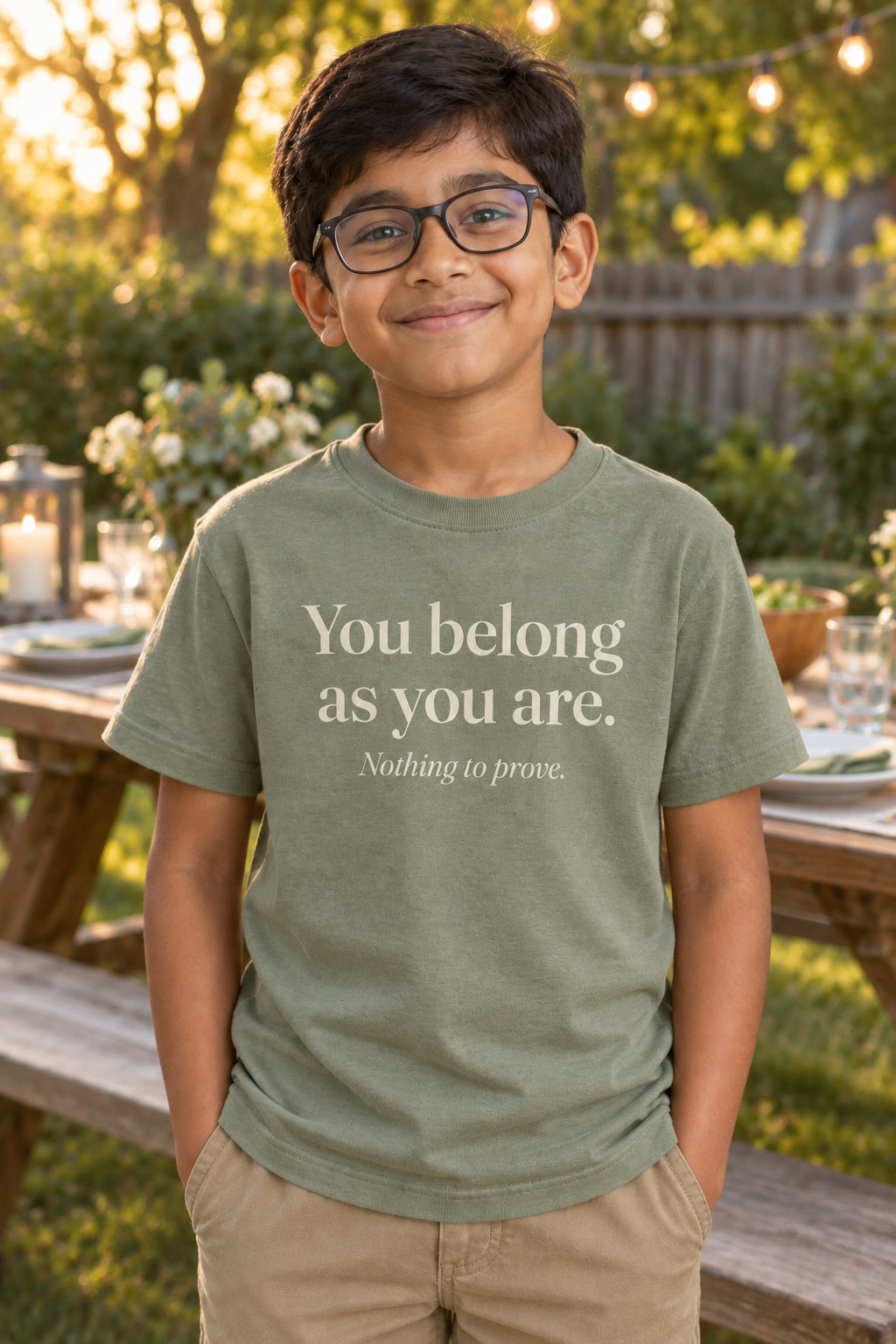 You belong as you are. kids organic cotton tee in Avocado, front