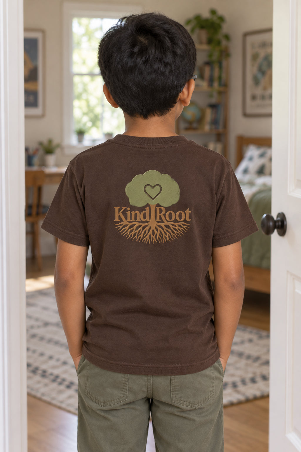 KindRoot logo on the back of the Bark kids organic cotton tee