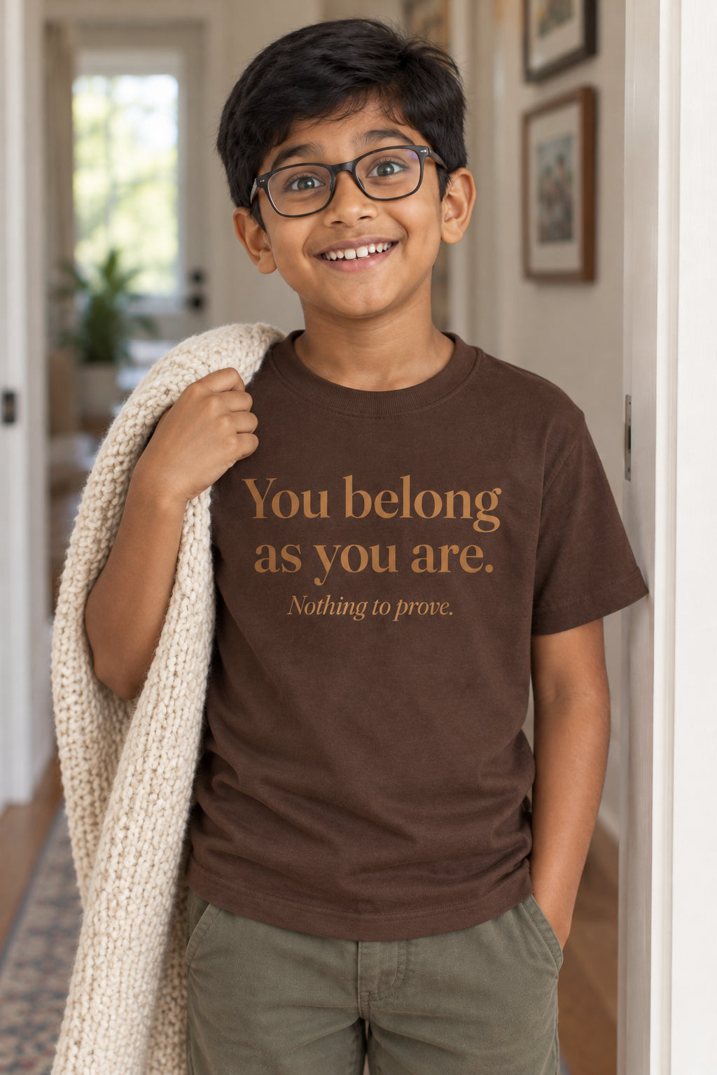 You belong as you are. kids organic cotton tee in Bark, front