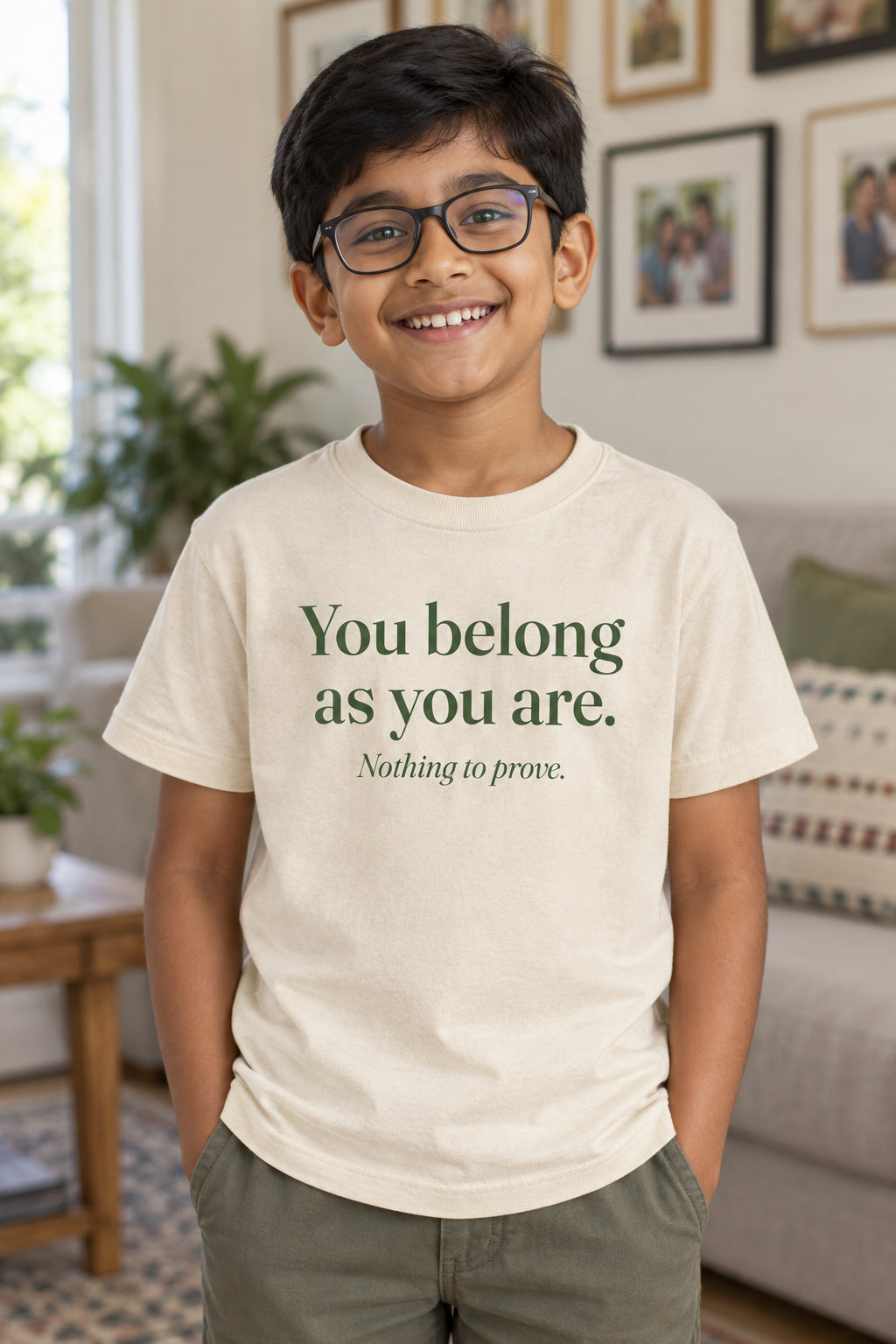 You belong as you are. kids organic cotton tee in Natural, front