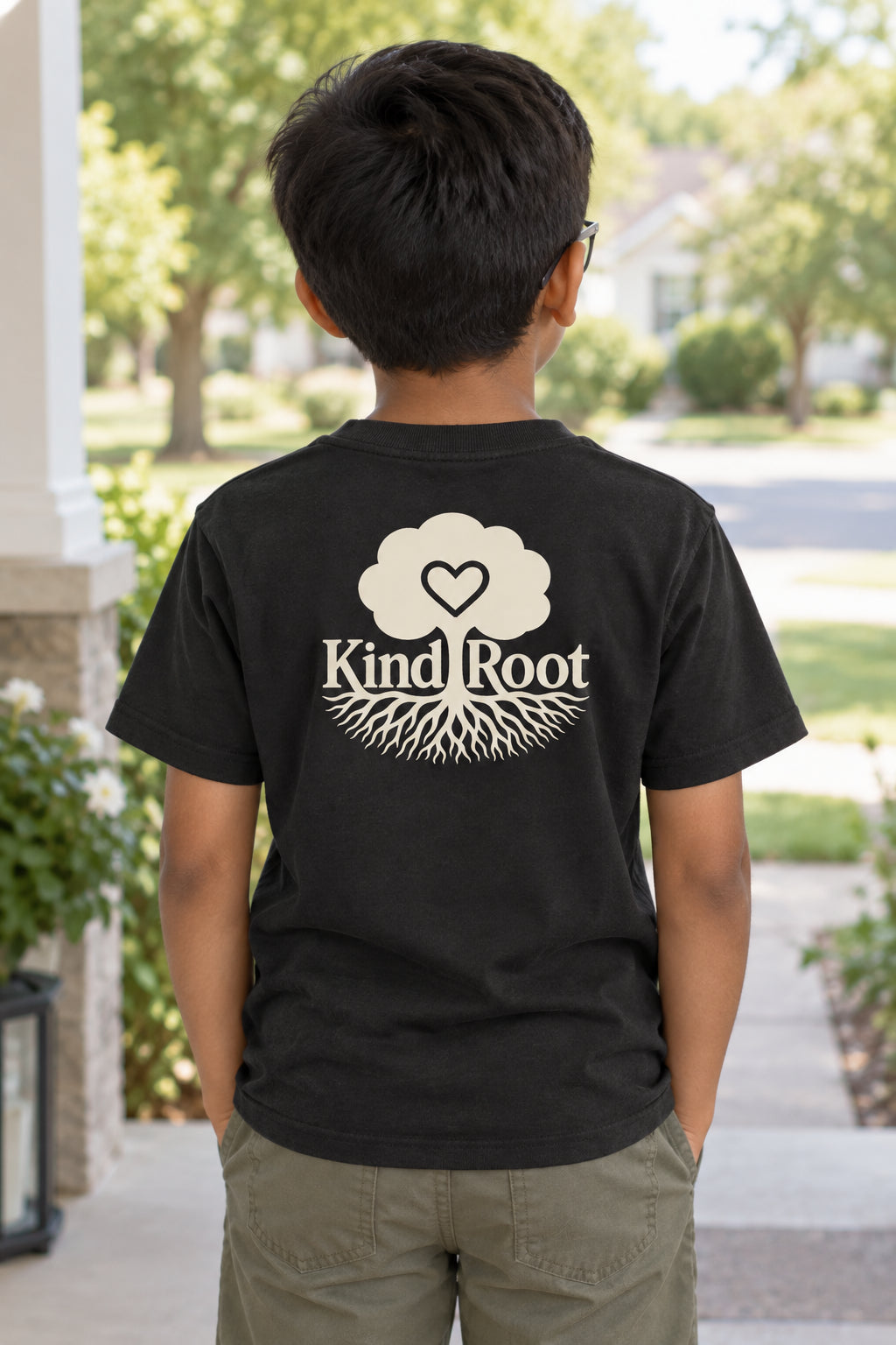KindRoot logo on the back of the Night kids organic cotton tee