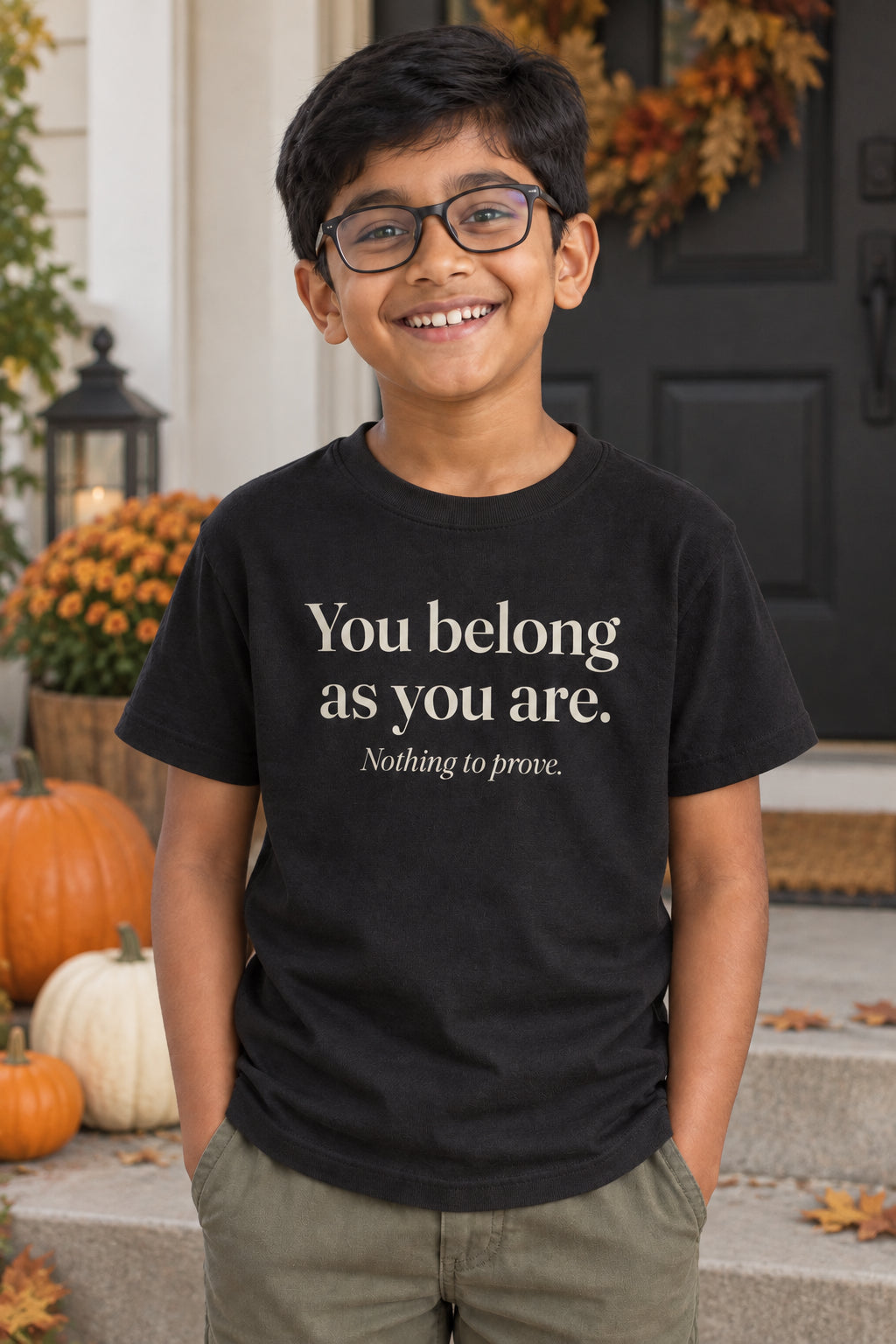 You belong as you are. kids organic cotton tee in Night, front