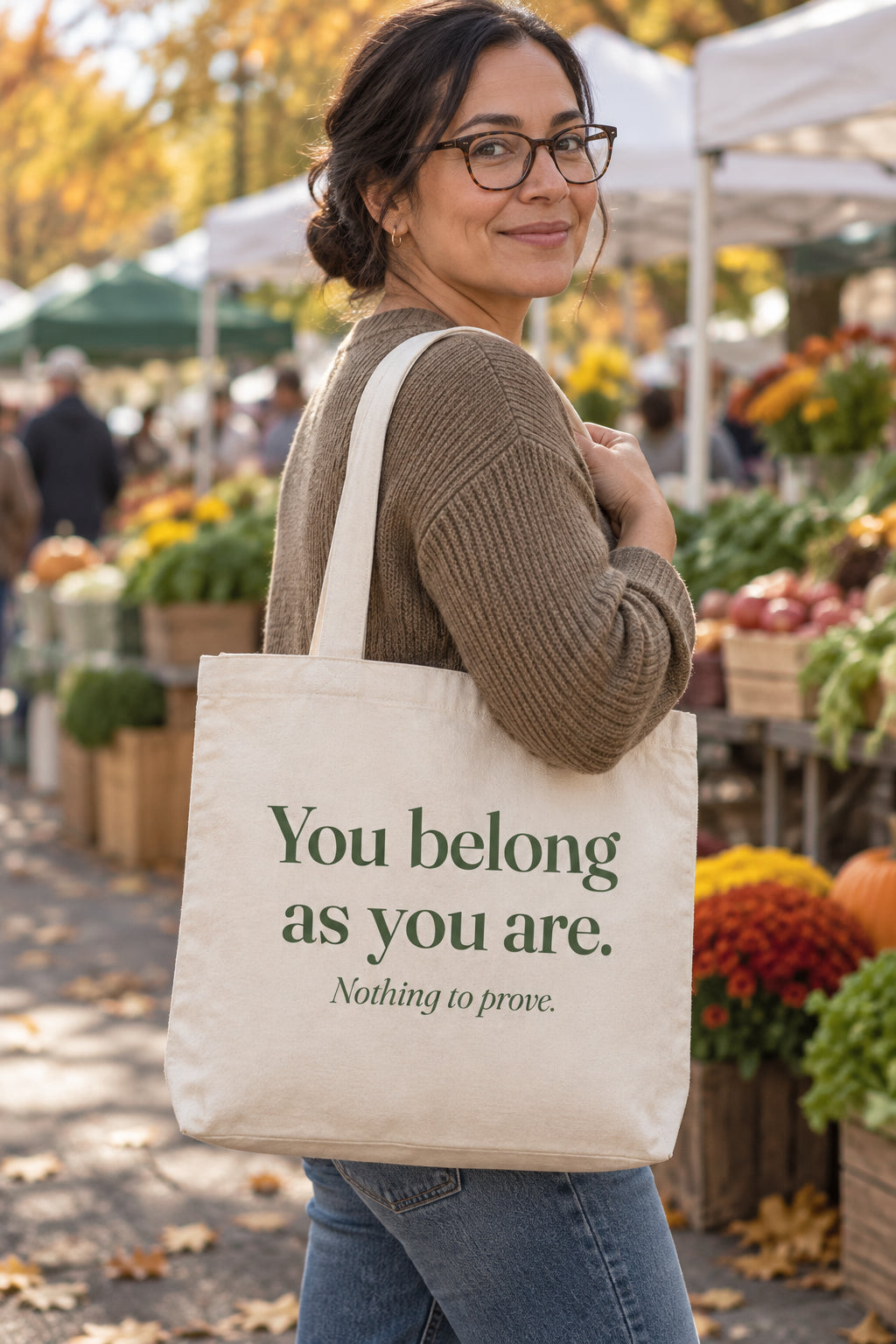 You belong as you are. organic canvas market tote in Natural, carried on the shoulder