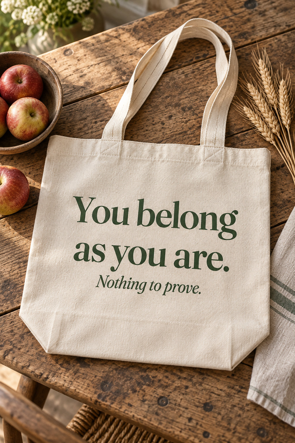 You belong as you are. organic canvas market tote in Natural, flat lay