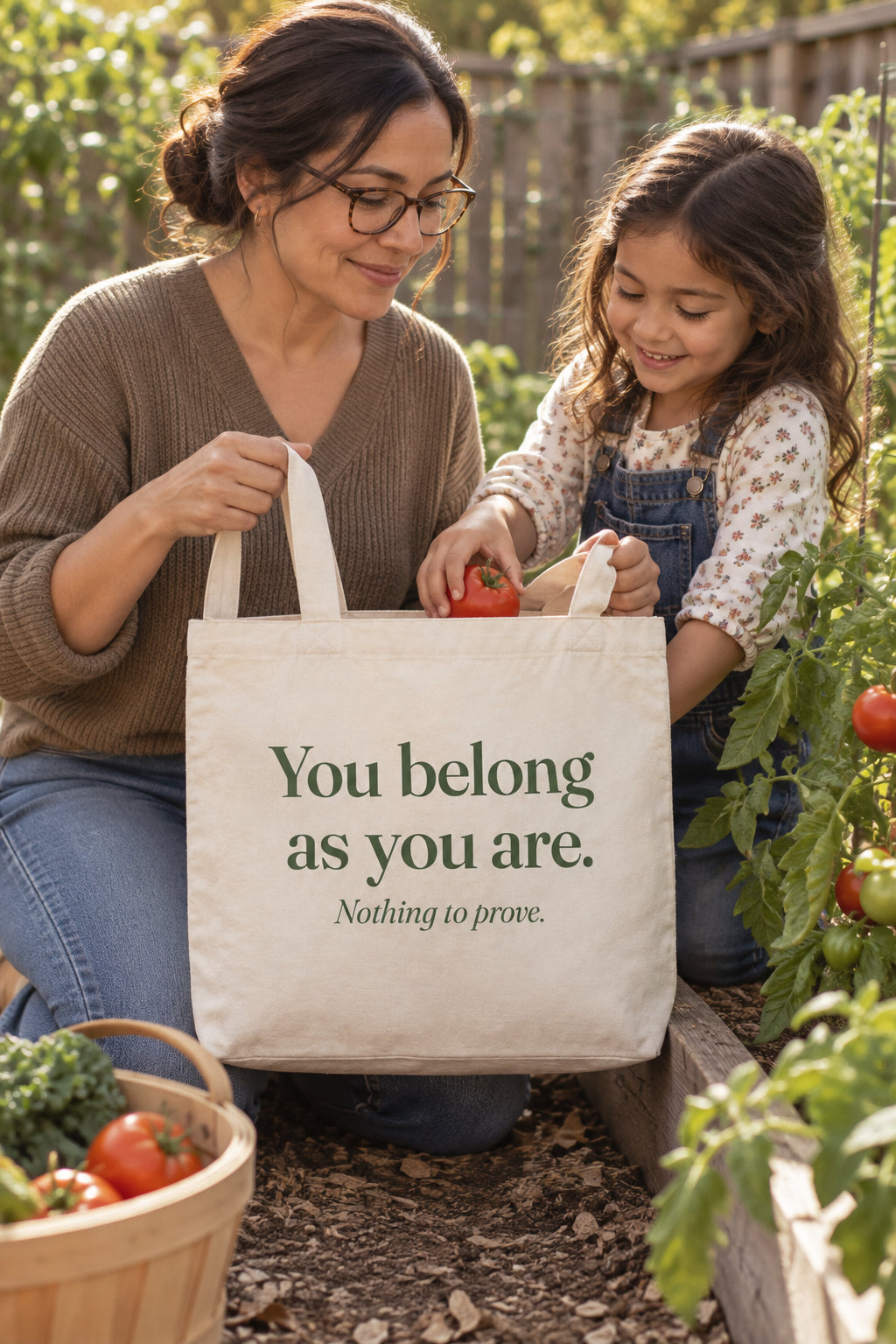 Parent carrying the You belong as you are. tote in Natural