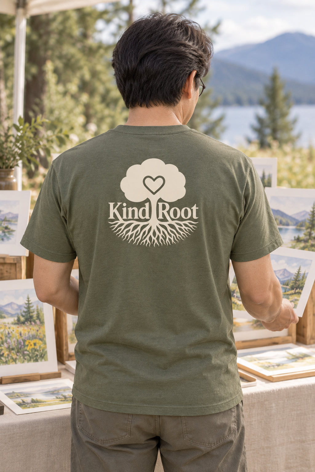 KindRoot logo on the back of the Moss unisex organic cotton tee
