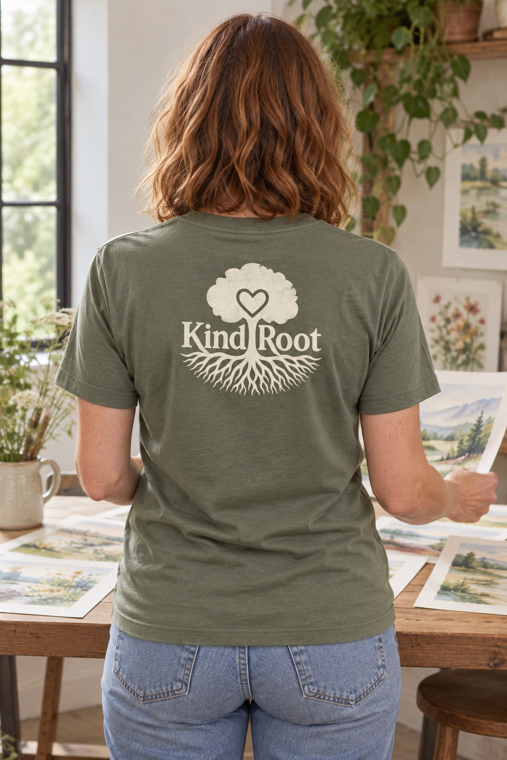 KindRoot logo on the back of the Moss unisex organic cotton tee