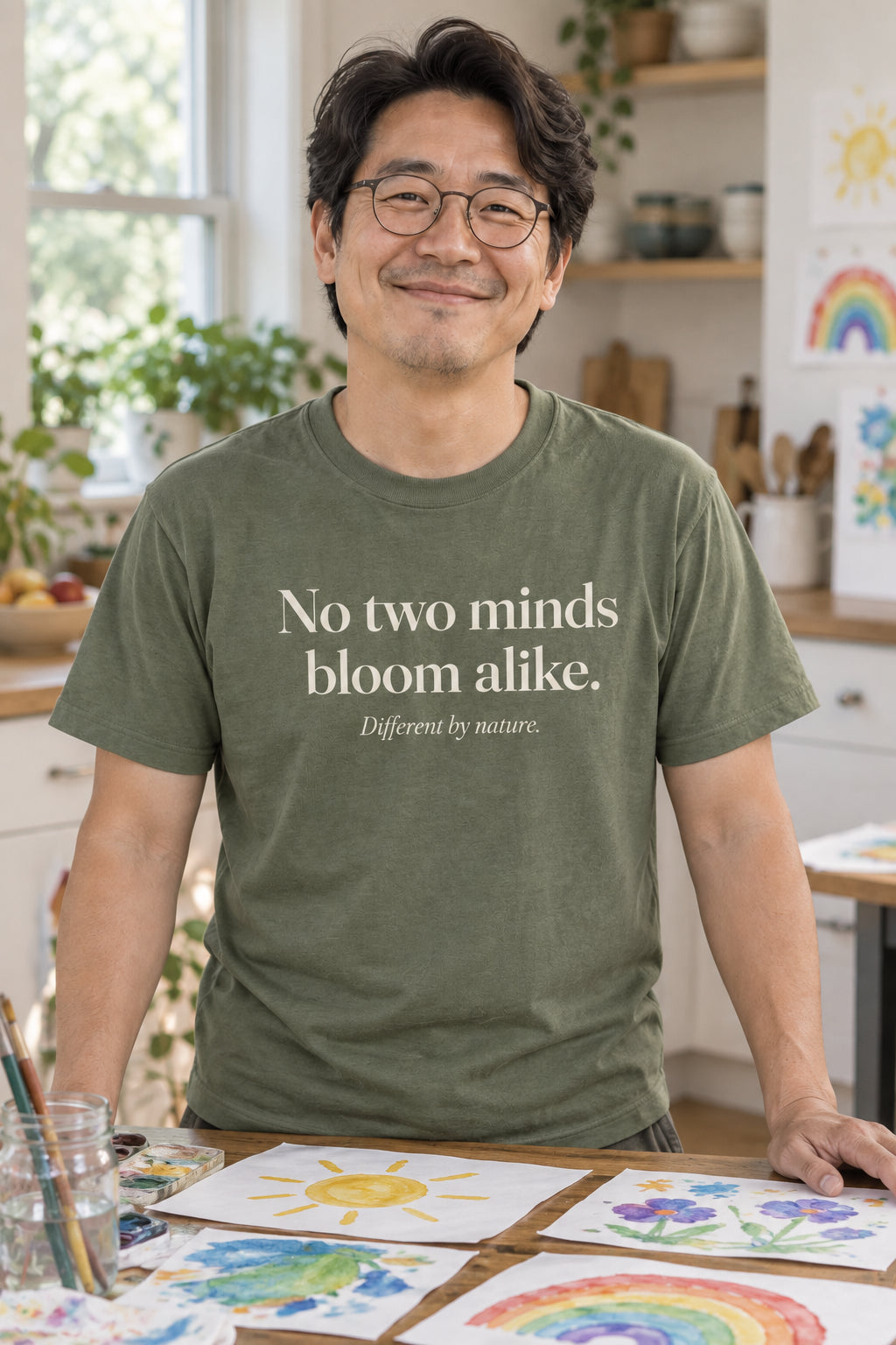 No two minds bloom alike. unisex organic cotton tee in Moss, front