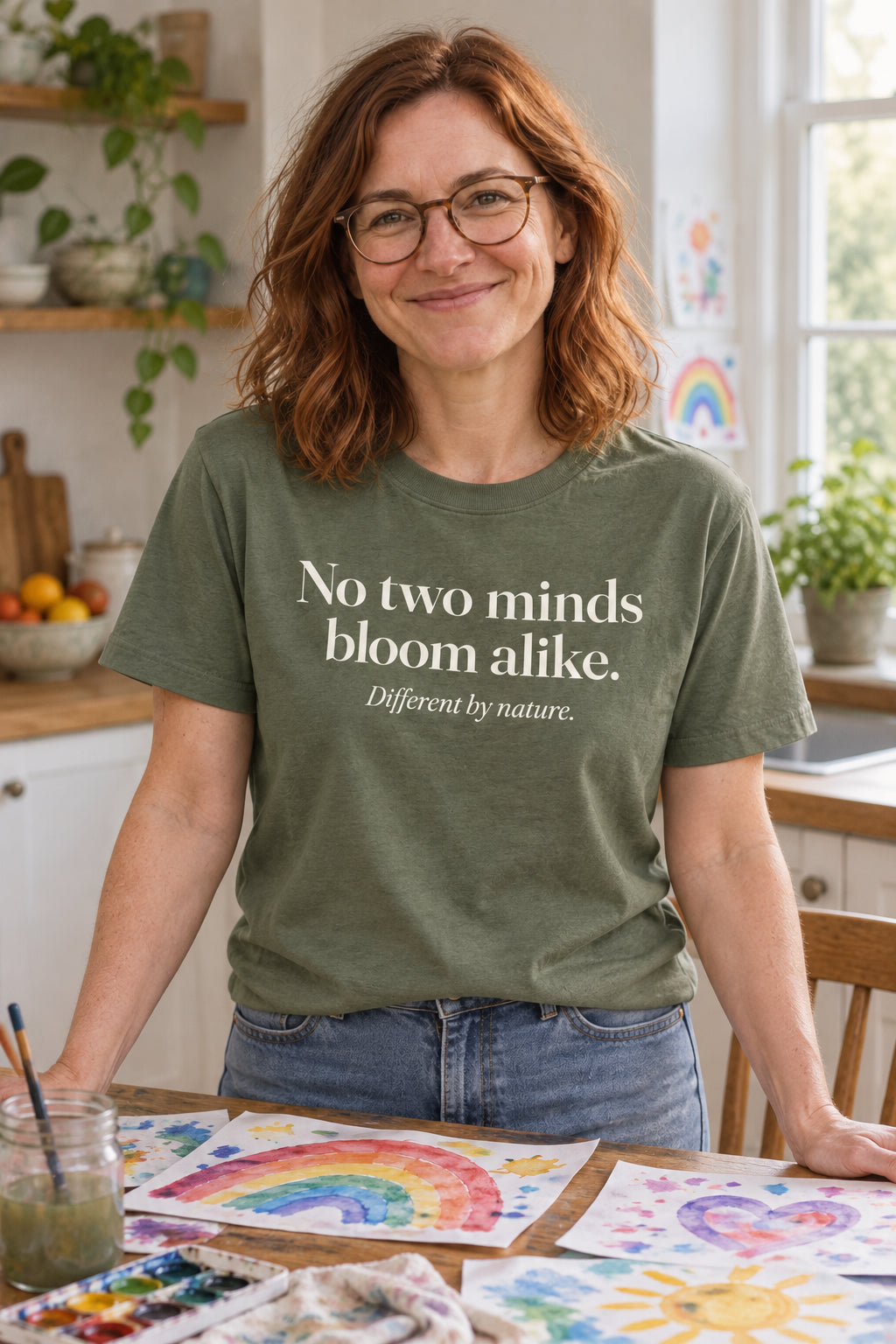 No two minds bloom alike. unisex organic cotton tee in Moss, front