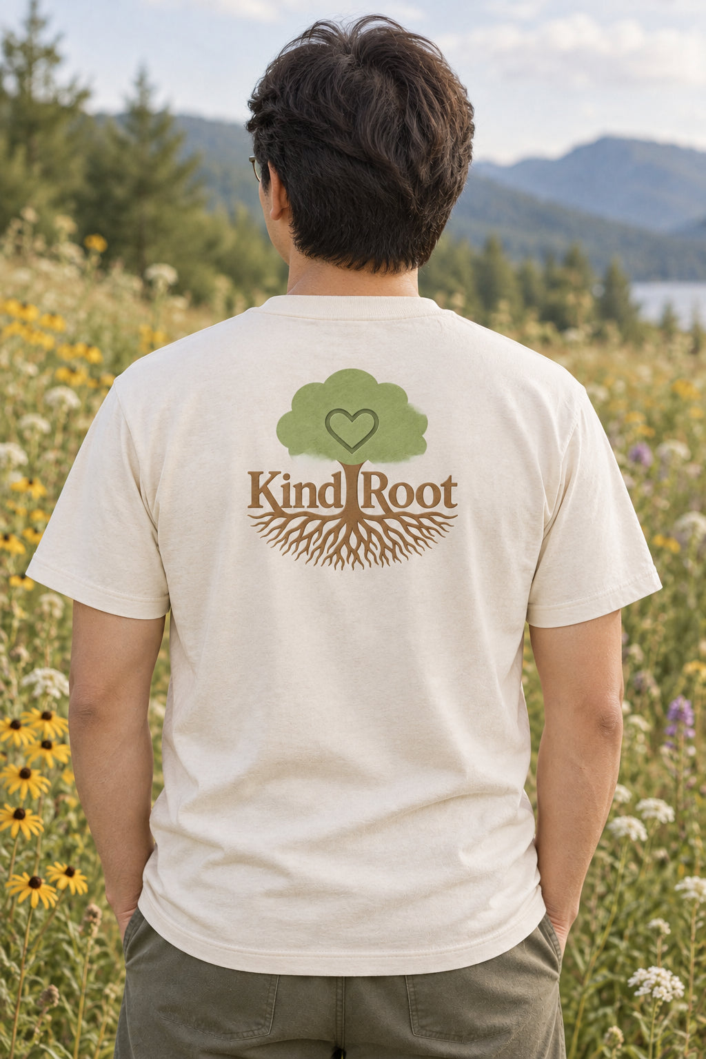 KindRoot logo on the back of the Natural unisex organic cotton tee