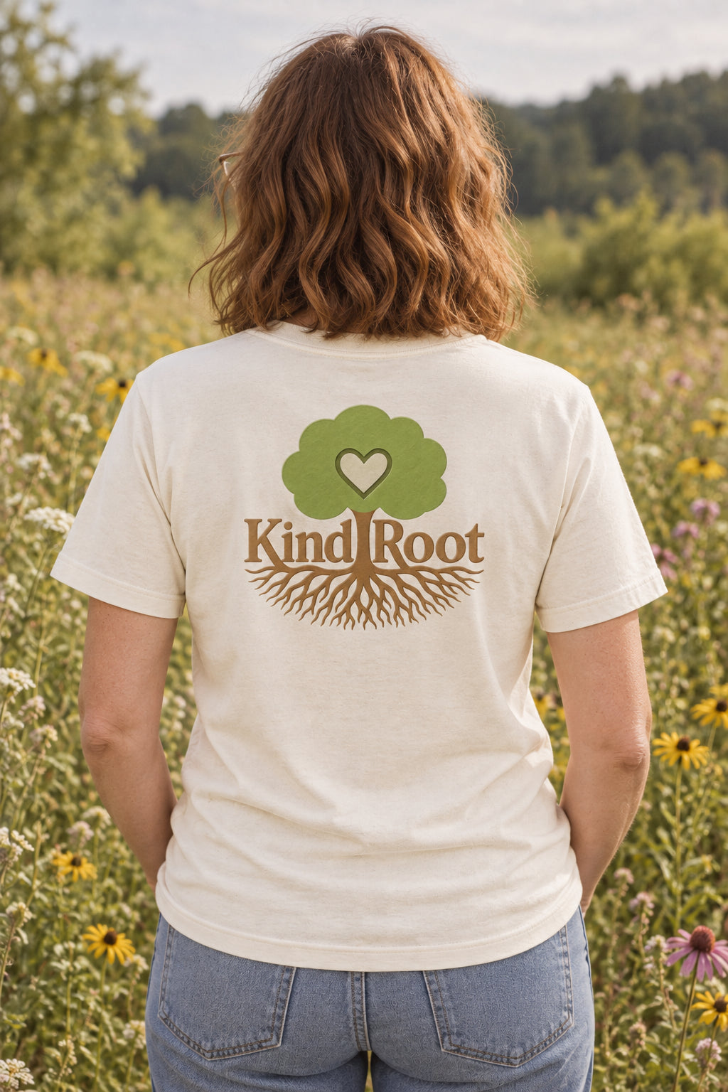 KindRoot logo on the back of the Natural unisex organic cotton tee