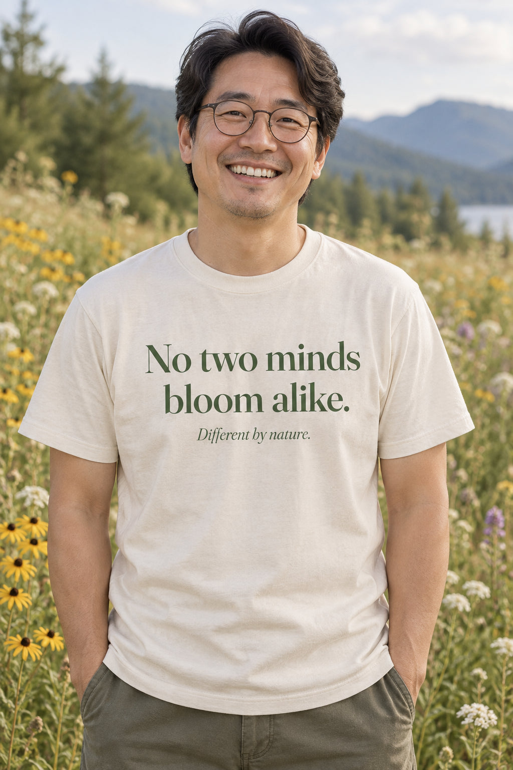 No two minds bloom alike. unisex organic cotton tee in Natural, front