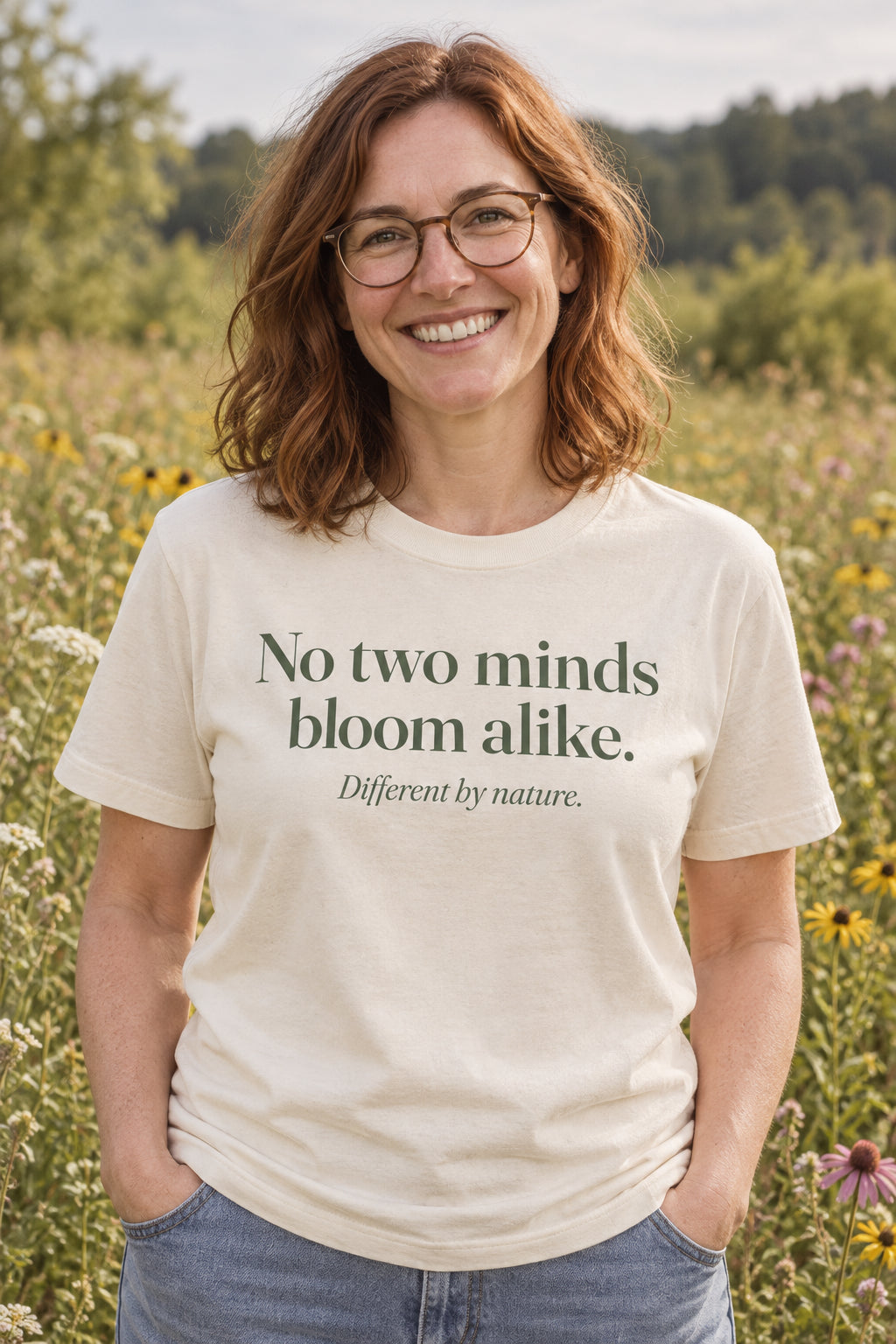 No two minds bloom alike. unisex organic cotton tee in Natural, front