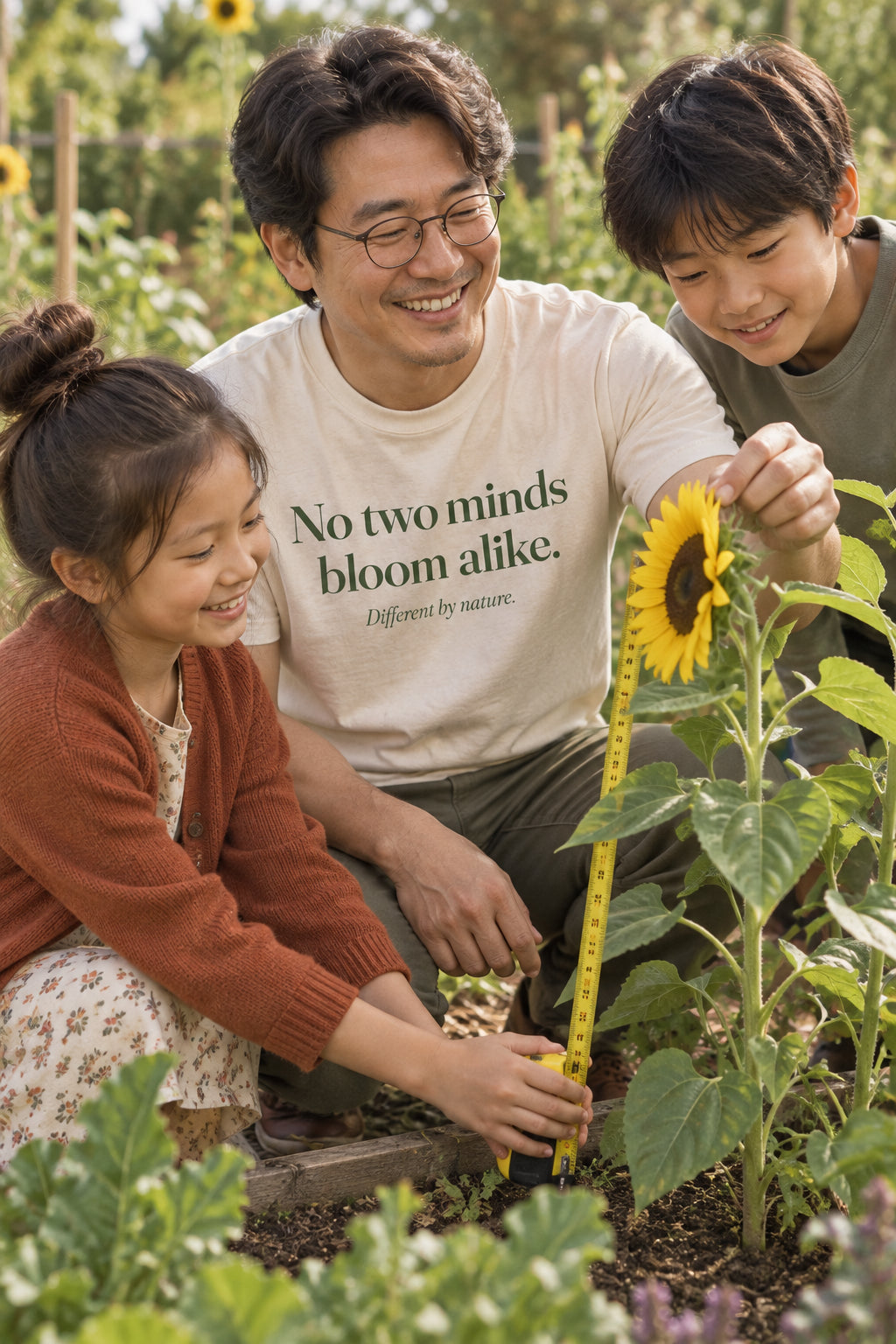 Parent wearing the No two minds bloom alike. adult tee in Natural
