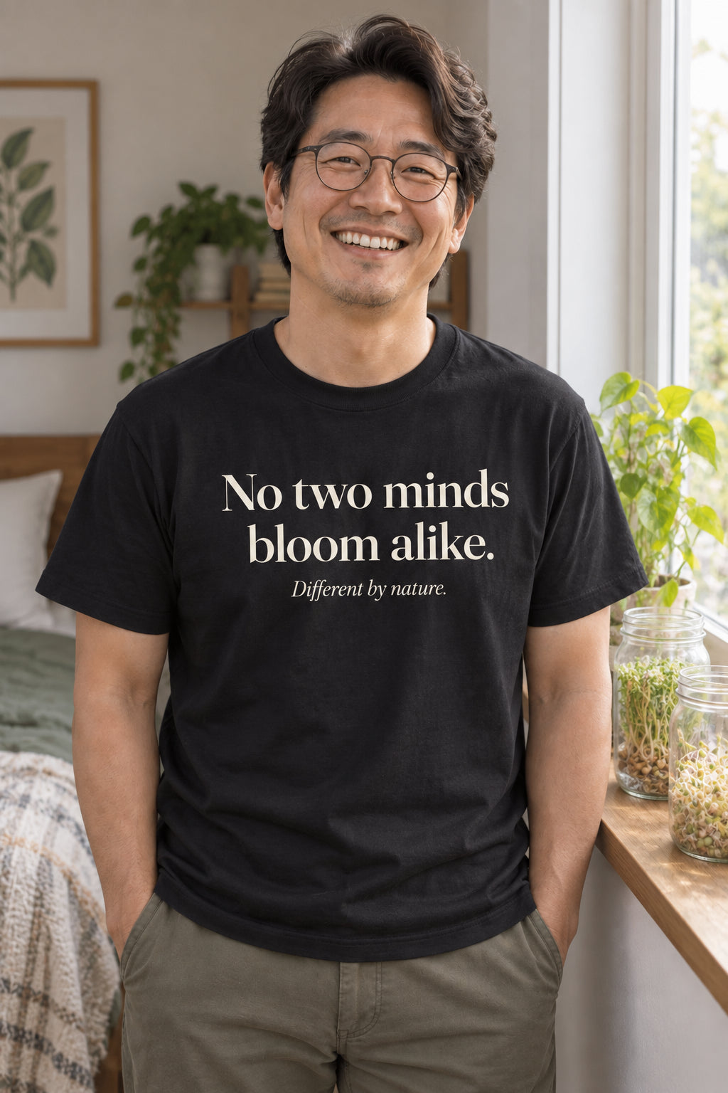 No two minds bloom alike. unisex organic cotton tee in Night, front