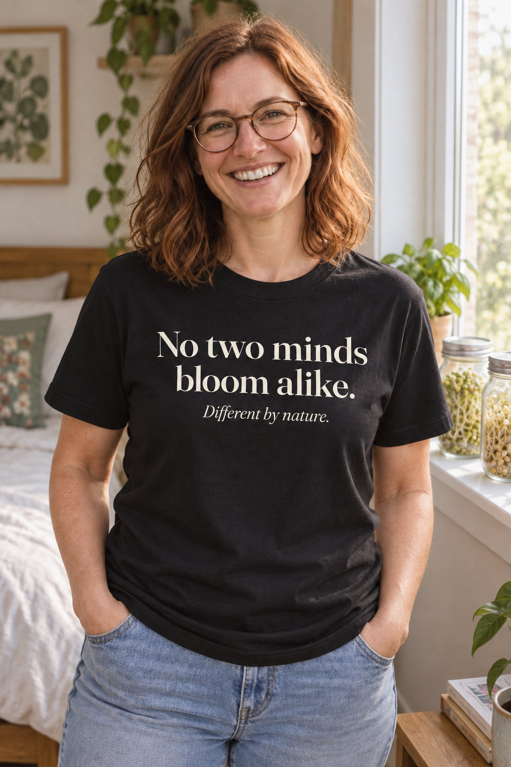 No two minds bloom alike. unisex organic cotton tee in Night, front