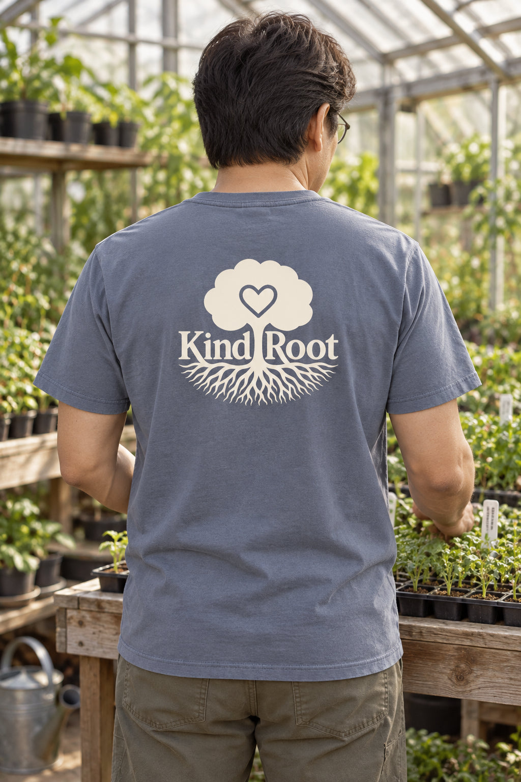 KindRoot logo on the back of the Slate unisex organic cotton tee