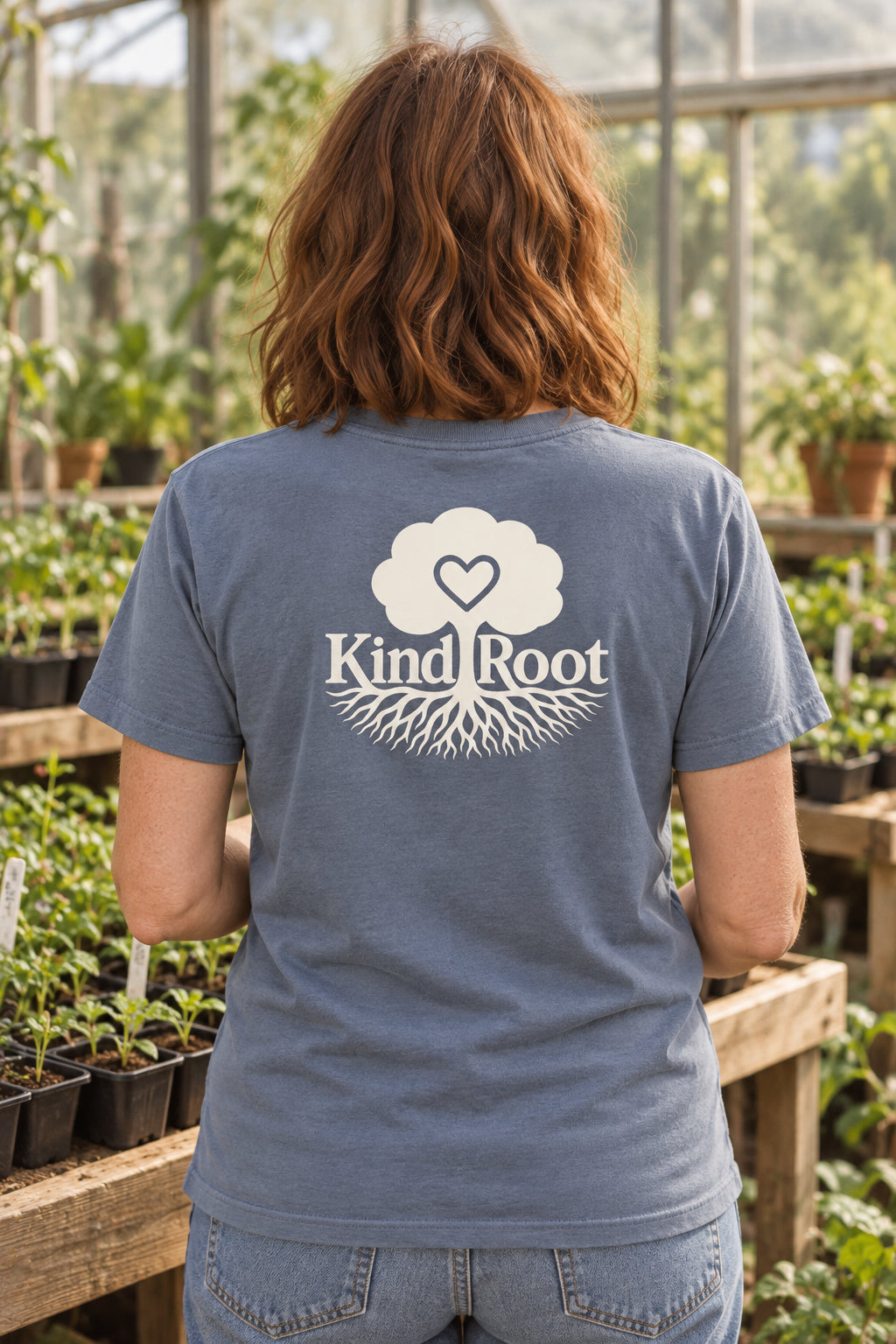 KindRoot logo on the back of the Slate unisex organic cotton tee