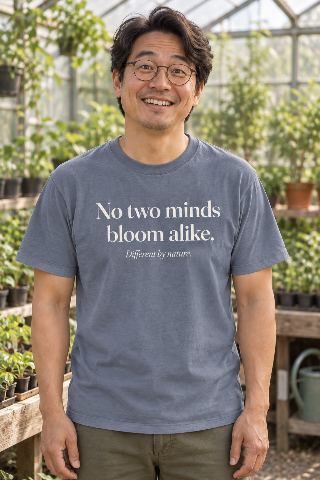 No two minds bloom alike. unisex organic cotton tee in Slate, front