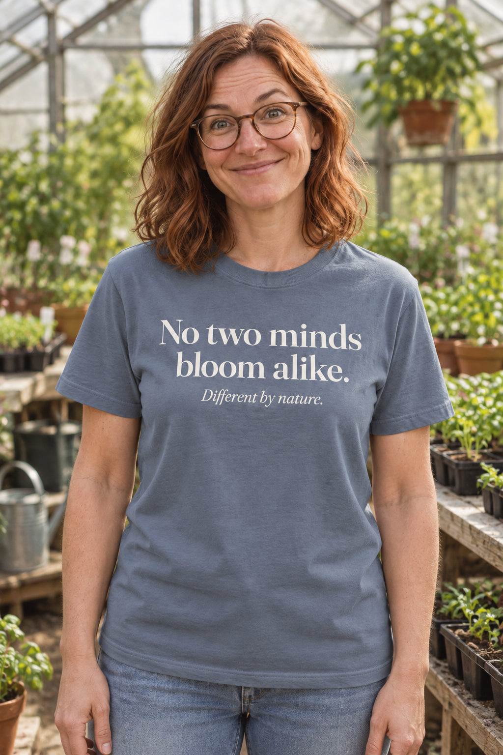 No two minds bloom alike. unisex organic cotton tee in Slate, front