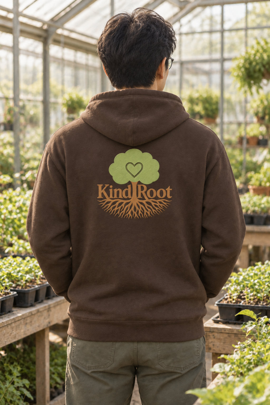 KindRoot logo on the back of the Bark unisex organic cotton hoodie