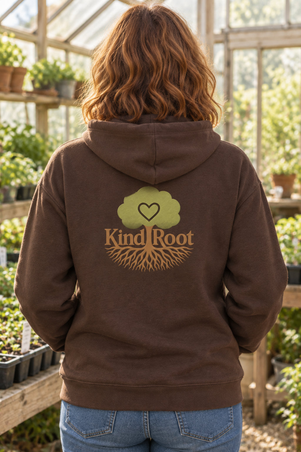 KindRoot logo on the back of the Bark unisex organic cotton hoodie