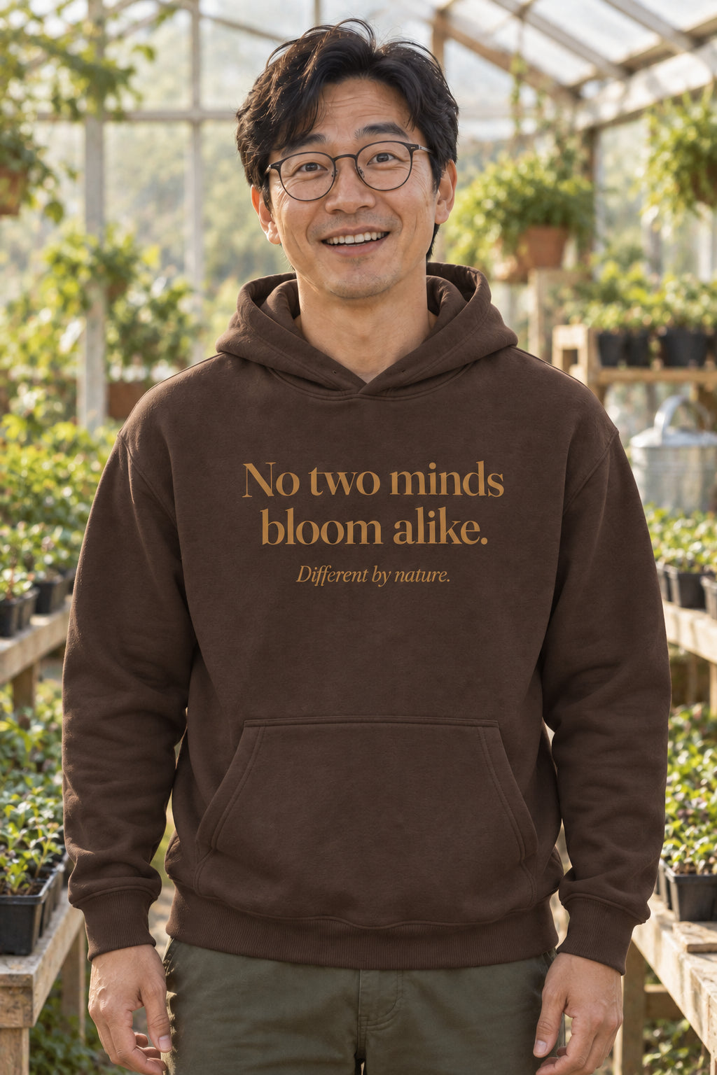 No two minds bloom alike. unisex organic cotton hoodie in Bark, front