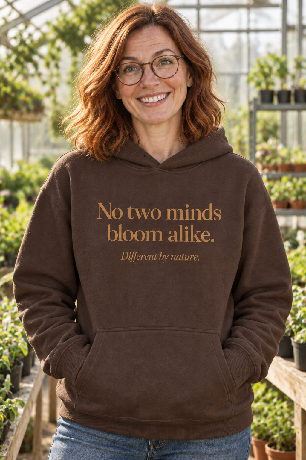 No two minds bloom alike. unisex organic cotton hoodie in Bark, front