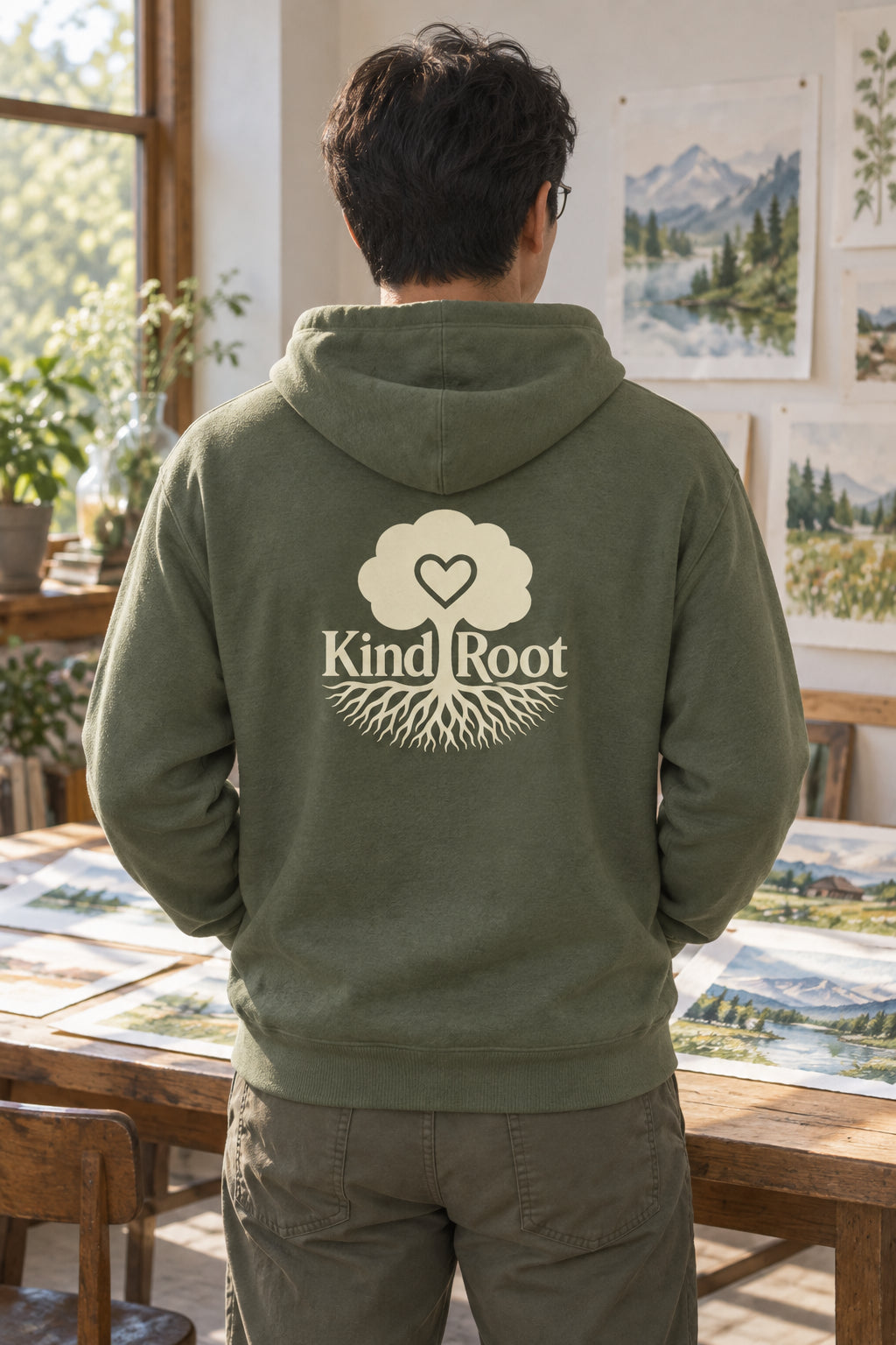 KindRoot logo on the back of the Moss unisex organic cotton hoodie