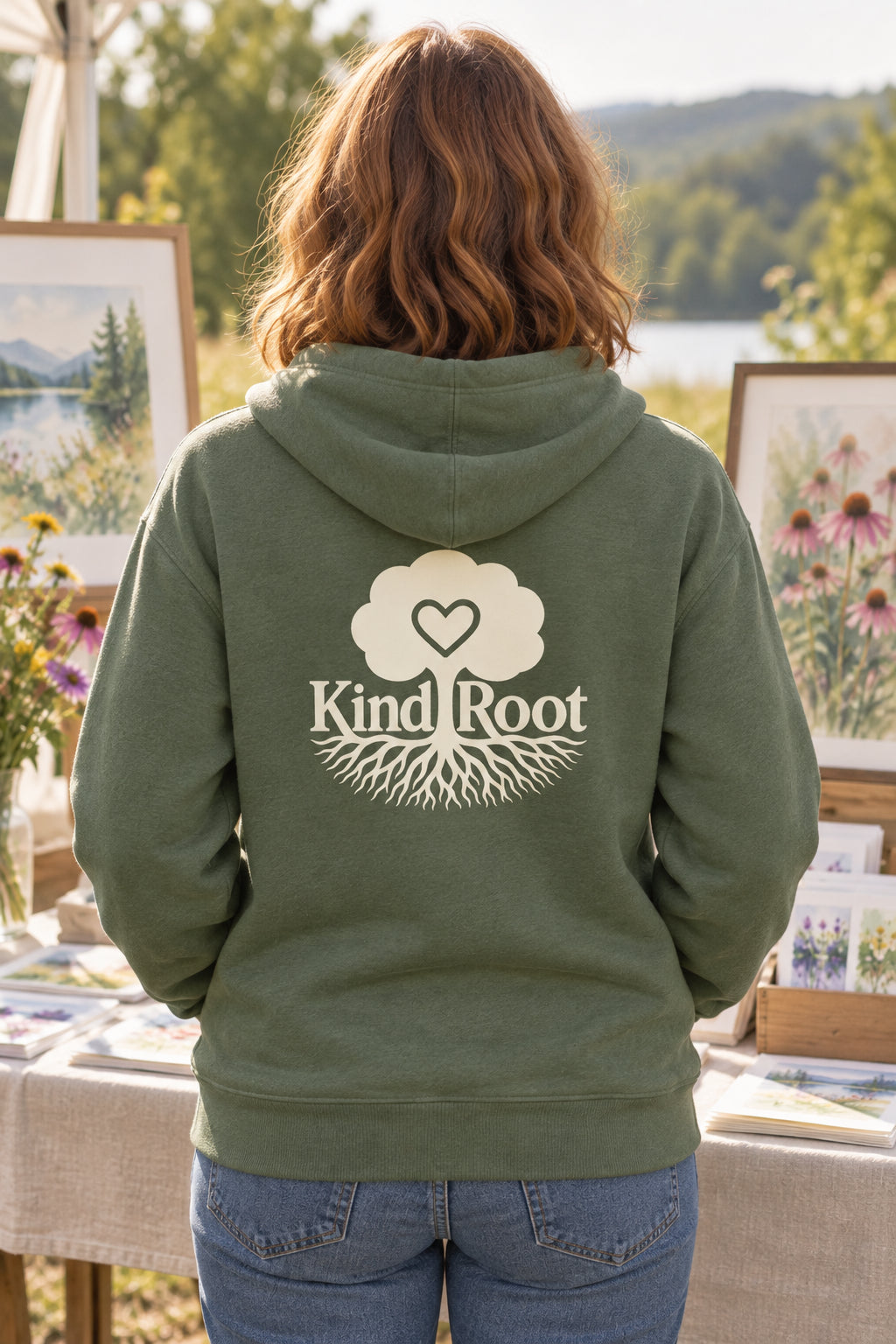 KindRoot logo on the back of the Moss unisex organic cotton hoodie