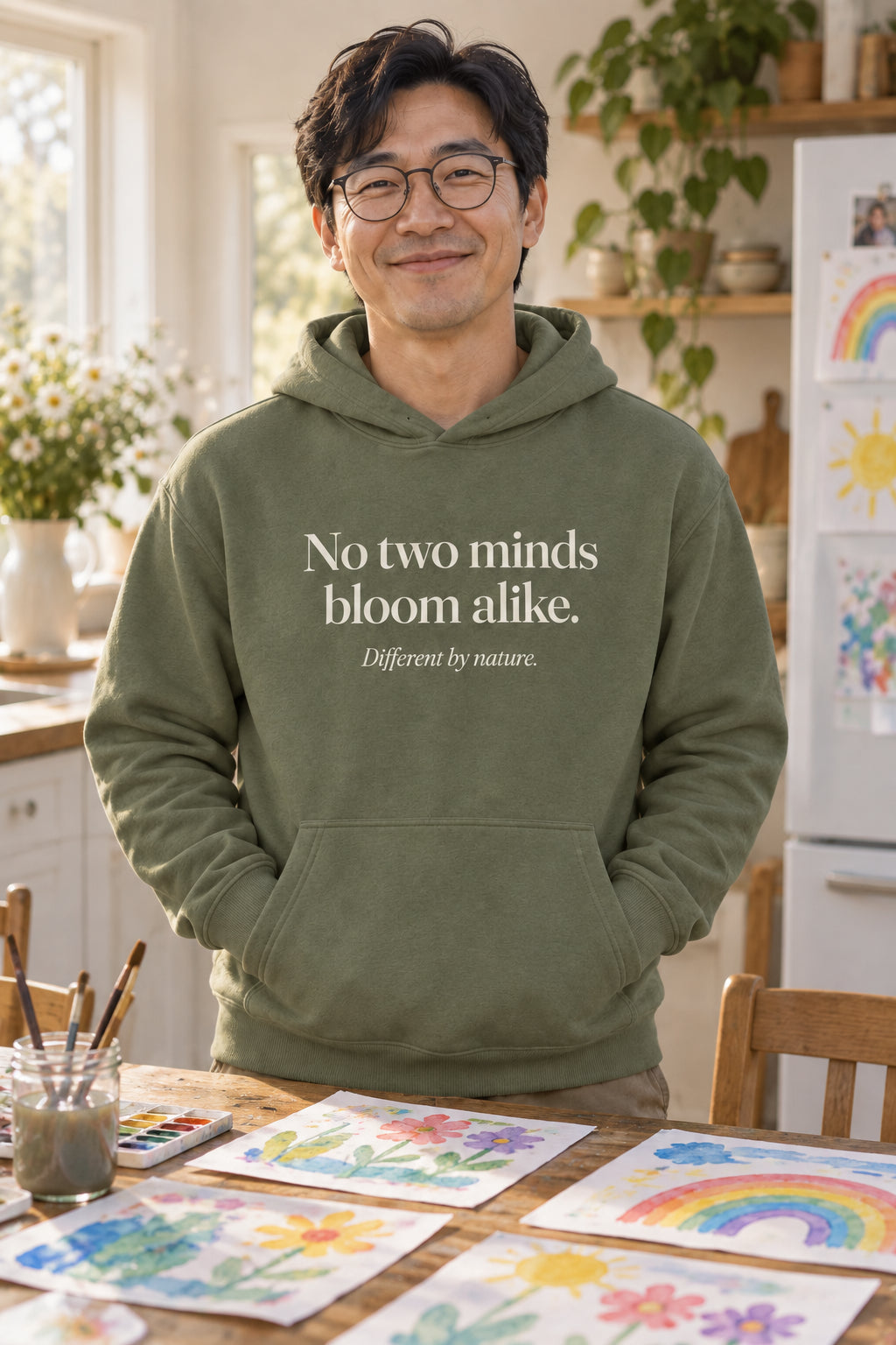 No two minds bloom alike. unisex organic cotton hoodie in Moss, front