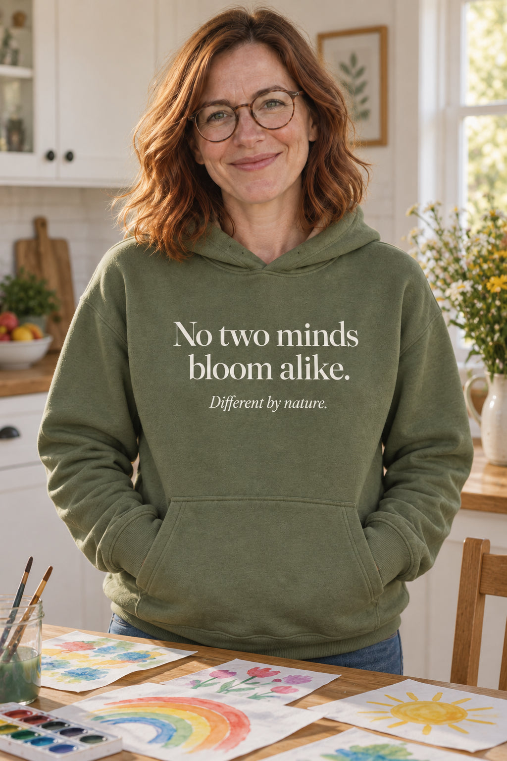 No two minds bloom alike. unisex organic cotton hoodie in Moss, front