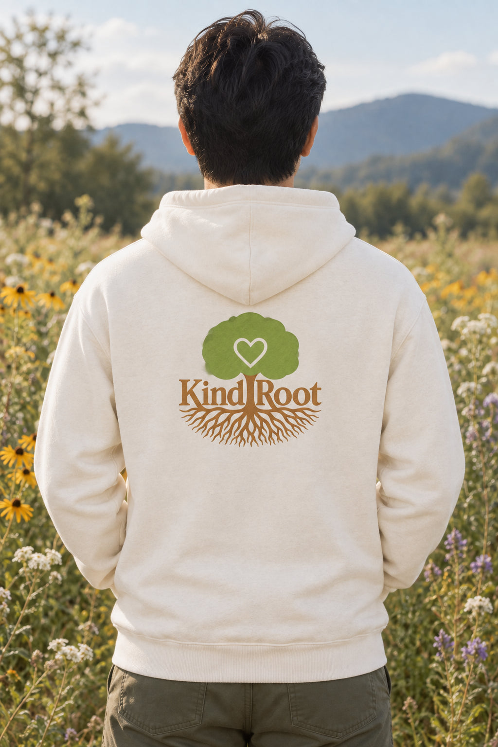 KindRoot logo on the back of the Natural unisex organic cotton hoodie