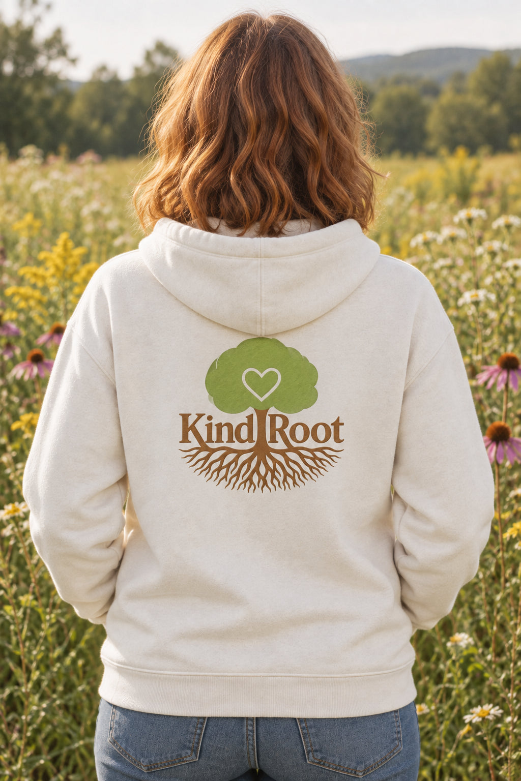 KindRoot logo on the back of the Natural unisex organic cotton hoodie