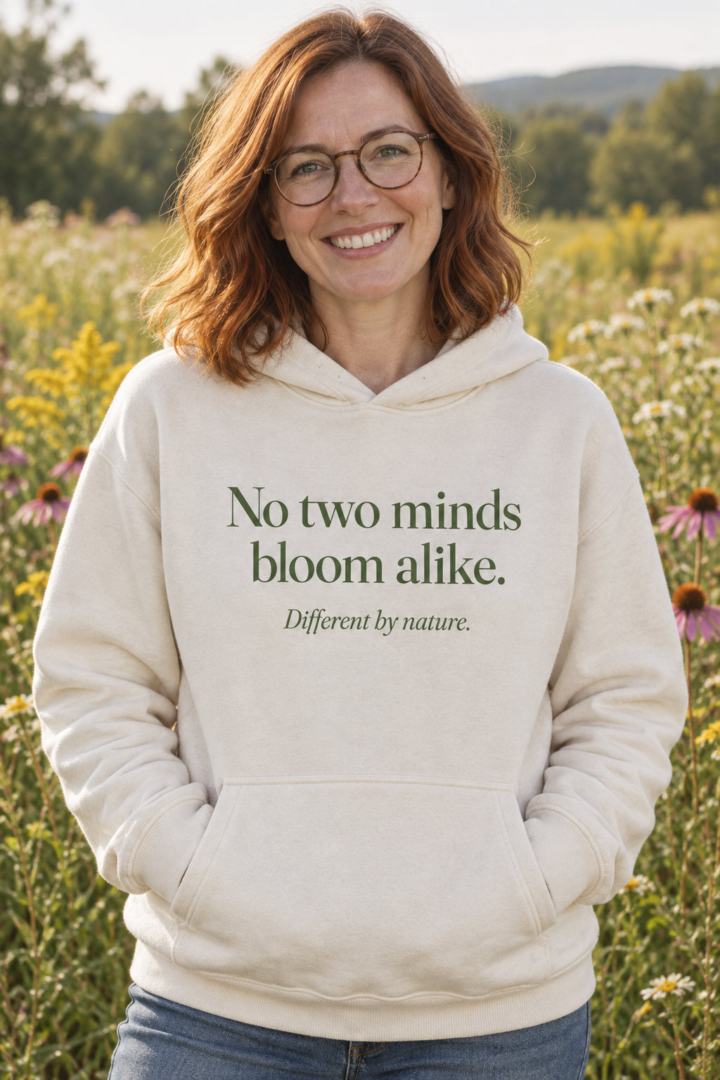 No two minds bloom alike. unisex organic cotton hoodie in Natural, front