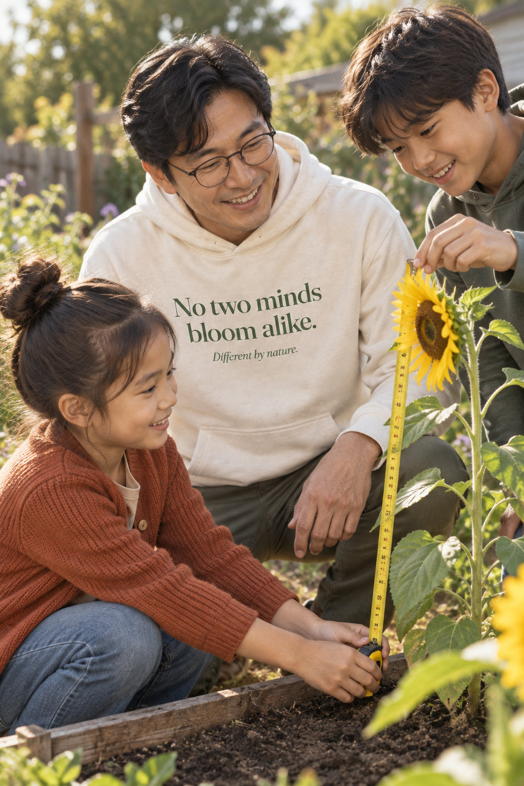 Parent wearing the No two minds bloom alike. hoodie tee in Natural