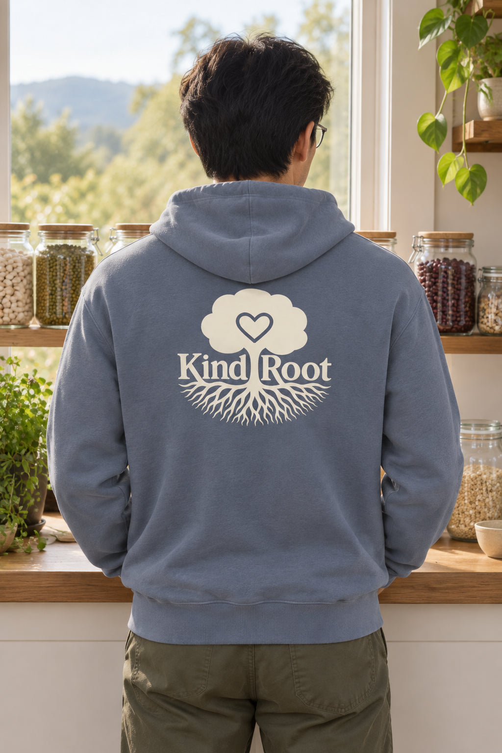 KindRoot logo on the back of the Slate unisex organic cotton hoodie